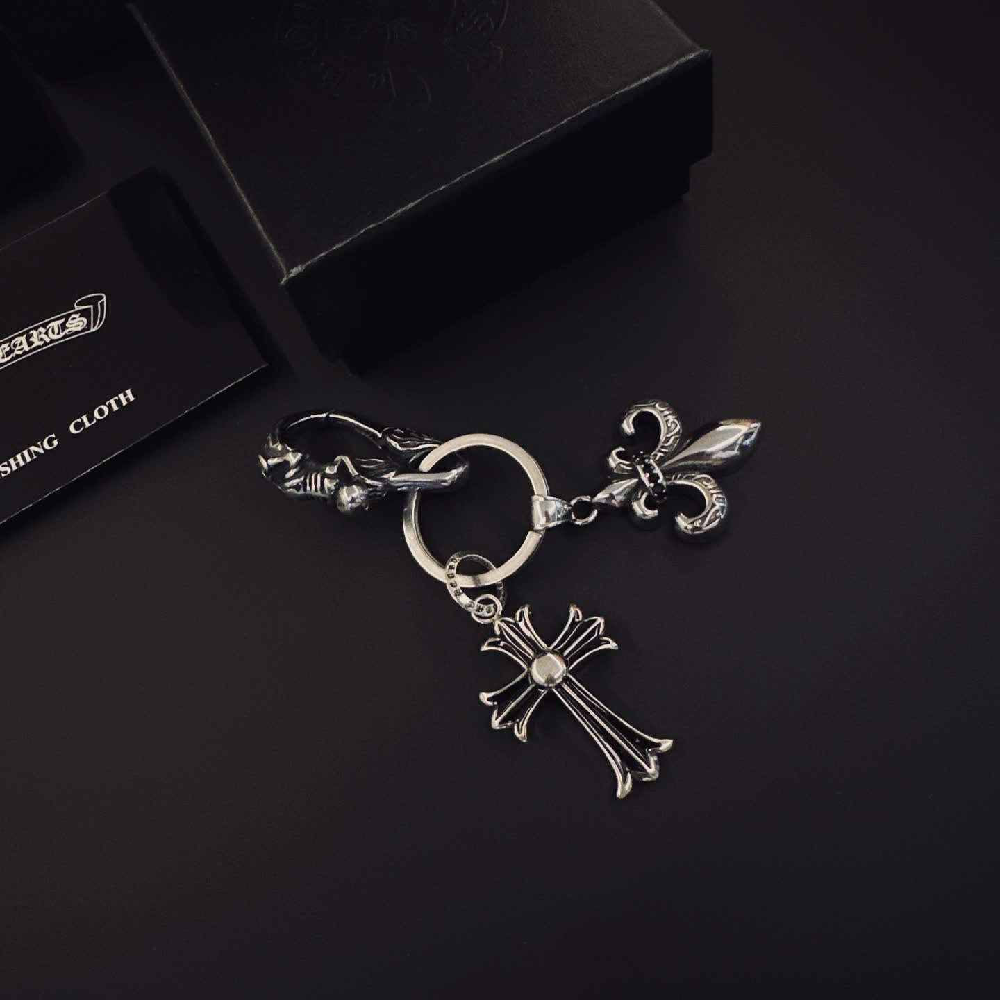 Chrome Hearts Silver Keychain with Cross and Fleur-de-lis Charms
